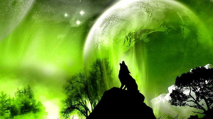 green outer space trees animals planets moon wolf wolves 1366x768  Space Moons HD Art