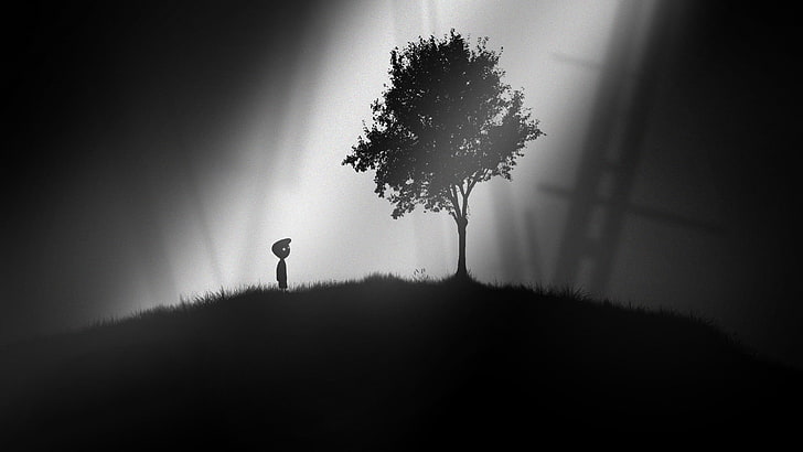 silhouette digital art of person standing near tree, trees, monochrome, HD wallpaper