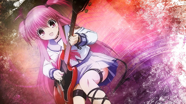 Angel Beats!, guitar, Yui (Angel Beats!), pink color, one person