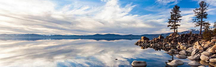 landscape, lake, clouds, nature, reflection, dual monitors