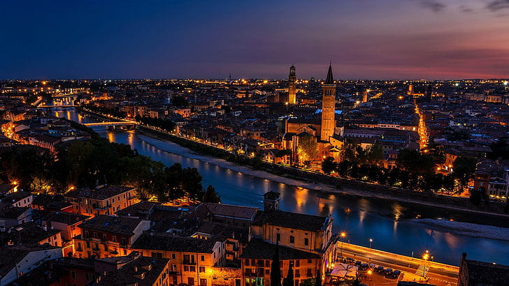 architecture, city, cityscape, night, lights, building, Verona