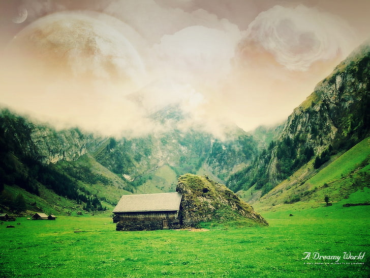 cabin, mountains, scenics - nature, beauty in nature, architecture, HD wallpaper