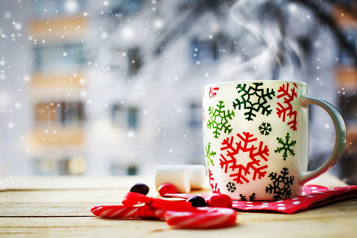 white ceramic mug, winter, holiday, new year, Christmas, Cup, HD wallpaper