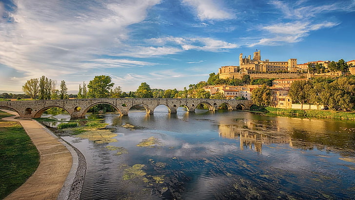 béziers, reflection, france, sunny, cloud, europe, tree, bank, HD wallpaper