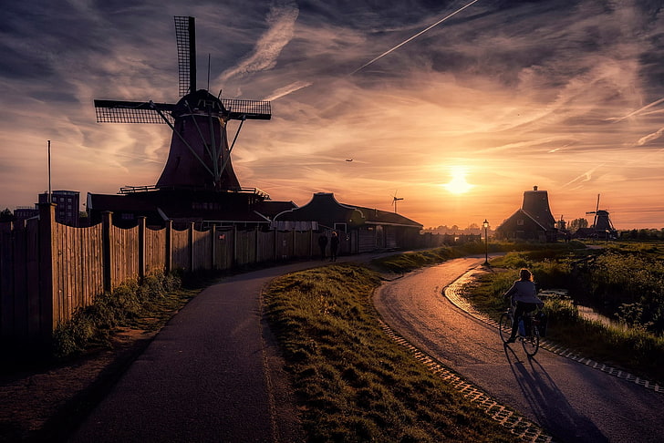 sunset, windmill, road, fence, path, building, clouds, Netherlands