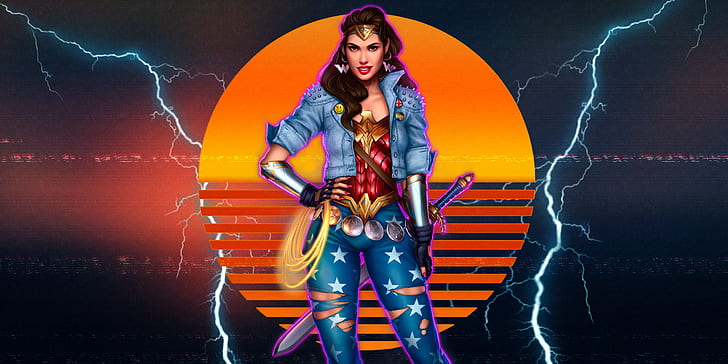 Wonder Woman, fantasy girl, Retrowave, synthwave, 1980s, artwork, HD wallpaper