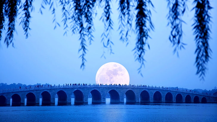 China, Beijing, Summer Palace, seventeen arch bridge, moonrise, HD wallpaper