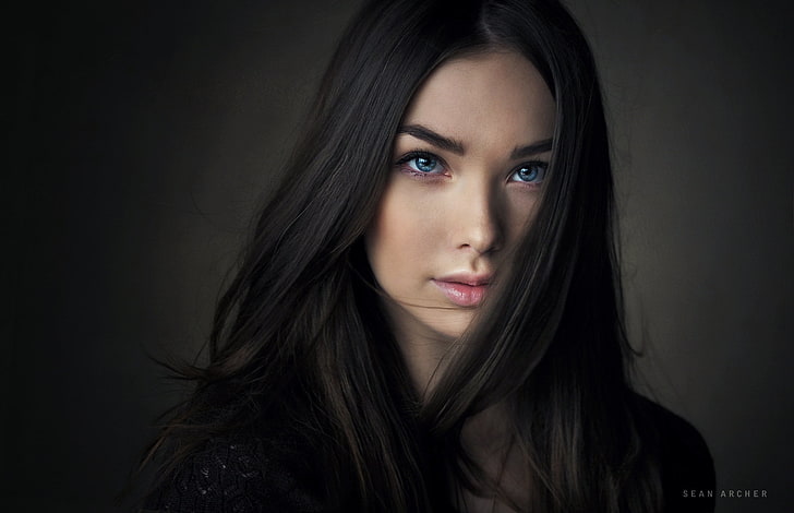 woman with black long hair, women, Sean Archer, blue eyes, portrait, HD wallpaper