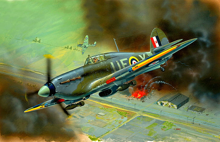 the explosion, smoke, UK, fighter-bomber, Hurricane Mk IIB