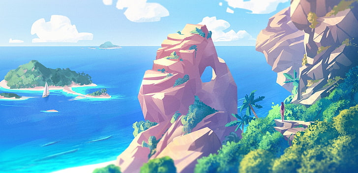 HD wallpaper: island near ocean cartoon, artwork, digital art, beach, sea,  palm trees | Wallpaper Flare