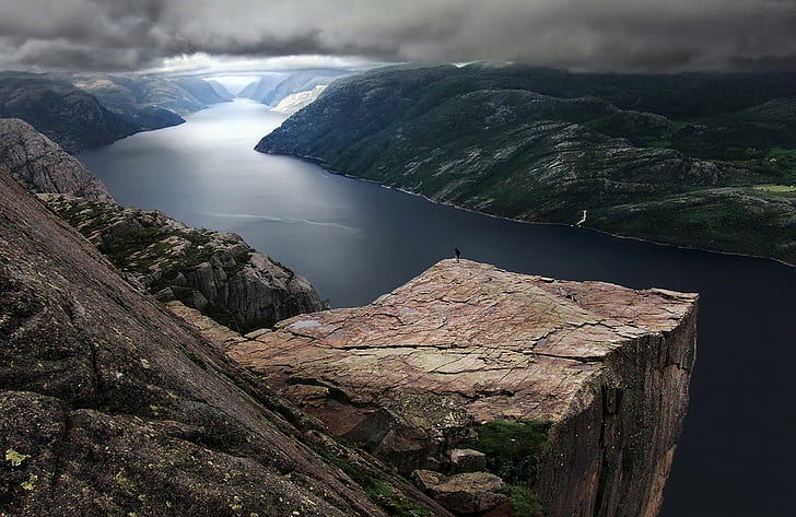 rock, clouds, fjord, Norway, landscape, nature, Preikestolen