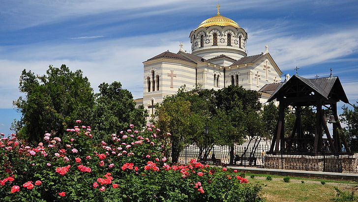 gray and brown church, grass, flowers, architecture, dome, christianity, HD wallpaper