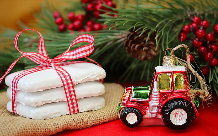 red and white vehicle ornament, Christmas, New Year, celebration