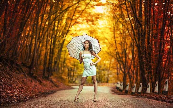 women's white strapless minidress, woman holding white umbrella, HD wallpaper