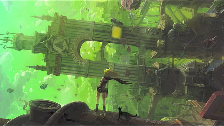 green and black compound bow, anime, building, clock tower, Gravity Rush, HD wallpaper