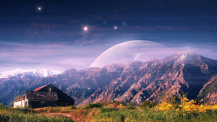 house, field, mountains, sky, planet, landscape, digital art, HD wallpaper