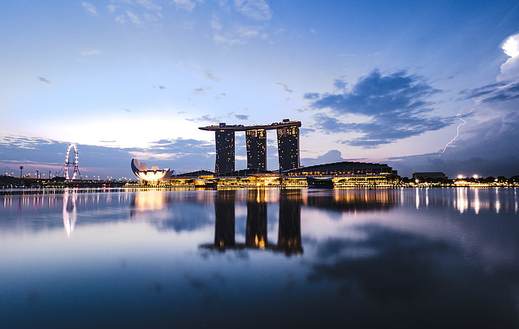 Singapore, cityscape, sky, lights, reflection, water, architecture, HD wallpaper