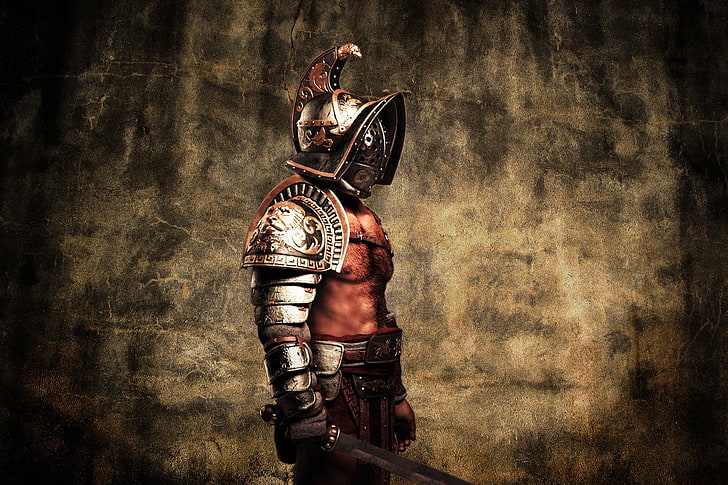 gladiator illustration, metal, style, armor, warrior, helmet, HD wallpaper