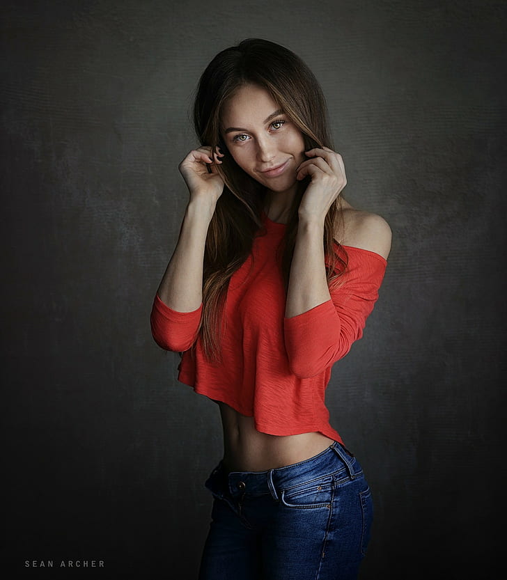 holding hair, jeans, Sean Archer, smiling, 500px, red tops