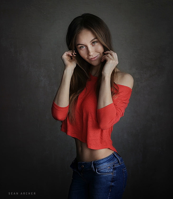 women's red cold-shoulder crop-top, Sean Archer, model, 500px, HD wallpaper