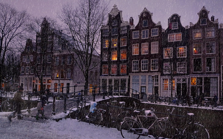 black commuter bike, amsterdam, snow, building, evening, winter, HD wallpaper