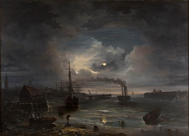 painting, boat, sea, smoke, clouds, classic art, Moon, smoke - physical structure