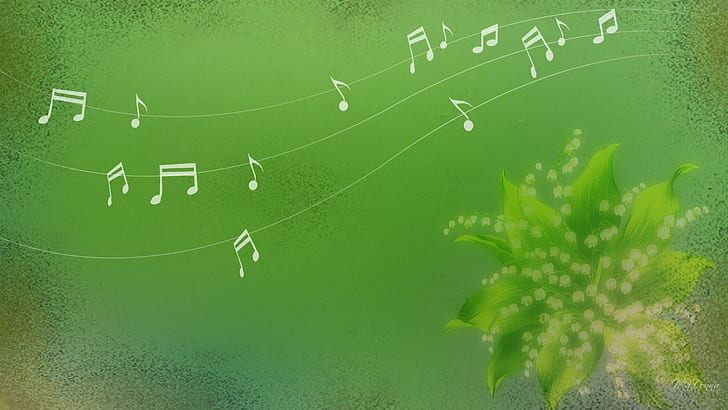 Lily Of The Valley Music, abstract, green, notes, flowers, 3d and abstract, HD wallpaper