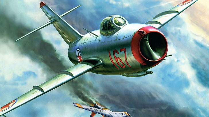 green and red fighter plane painting, figure, The MiG-15, Fagot