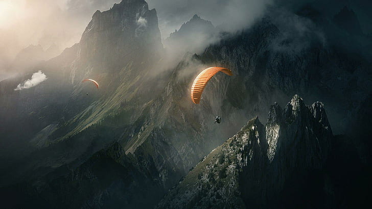 Paragliding in the mountains, orange paraglider, sports, 1920x1080