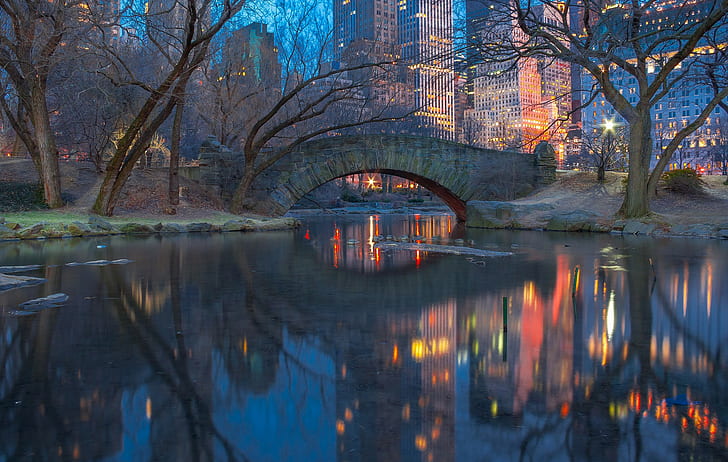 New York Central Park, lights, dusk, HD wallpaper