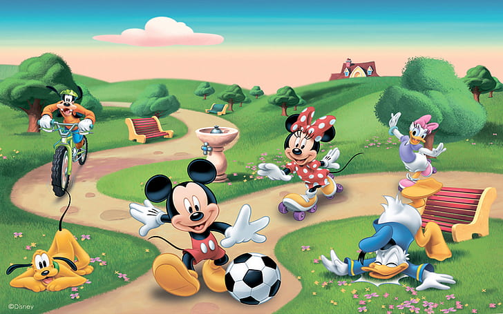Recreation In The Park Mickey With Donald Play Football Minnie And Daisy Ride Rollers Goofy Riding Bicycle Photo Wallpaper Hd 2560×1600
