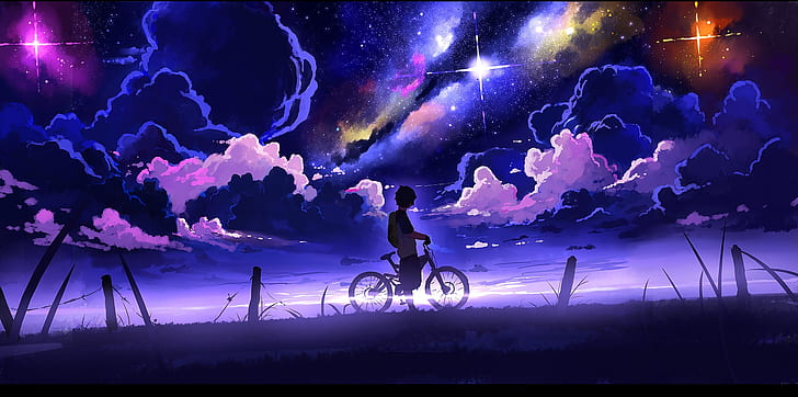 digital art, children, bikes, night, landscape, clouds, stars, HD wallpaper