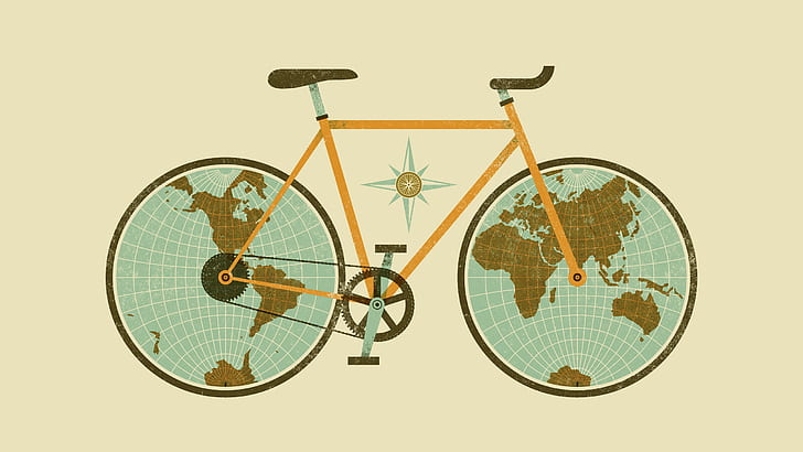 digital art simple background minimalism bicycle world map earth wheels map continents north america south america africa europe australia asia antarctica chains gears, HD wallpaper