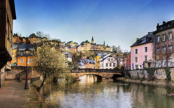 Luxembourg, houses, bridge, river, trees, HD wallpaper