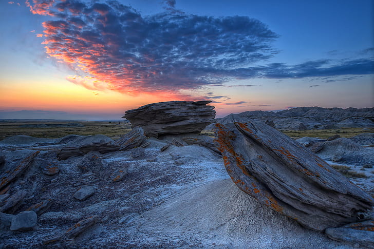 rock formations during golden hour, nebraska, nebraska, Toadstool Geologic Park, HD wallpaper