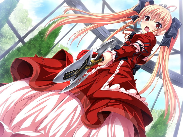Duelist x engage, Girl, Dress, Weapons, Ax, day, red, no people