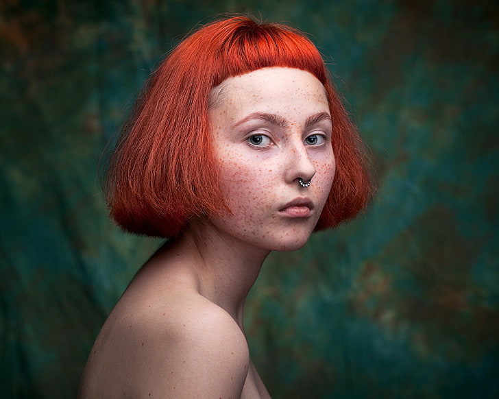 women, model, redhead, portrait, nose ring, pierced septum, HD wallpaper