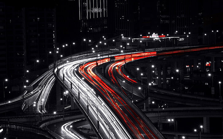 time lapse photography of vehicle moving on road, black, red