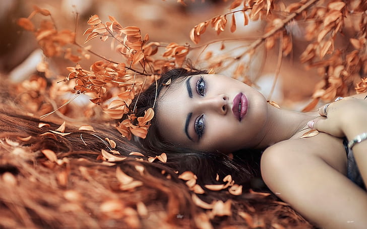 Girl lying on the ground, autumn, leaves, HD wallpaper