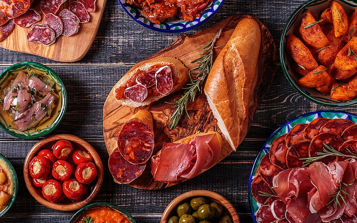 bread and sliced meats, vegetables, fish, food, food and drink