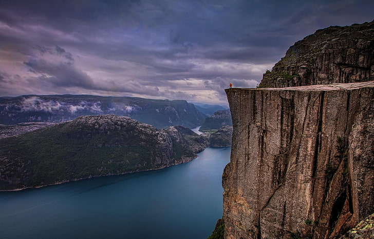 brown cliff, landscape, nature, rock, river, Norway, rain, fjord, HD wallpaper