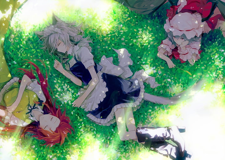 sleeping, anime girls, apron, Touhou, Remilia Scarlet, Hong Meiling