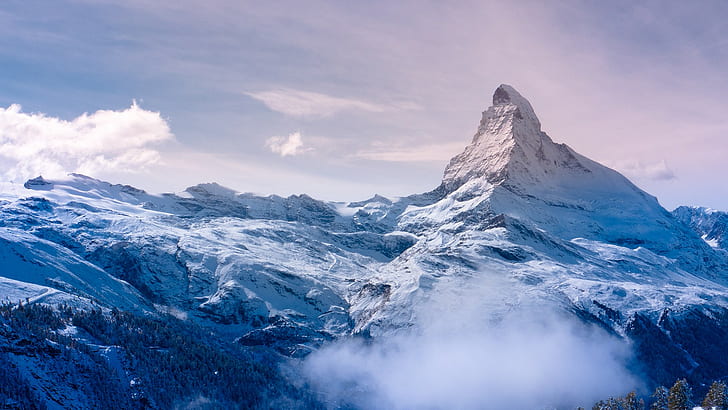 Swiss Alps, Matterhorn, landscape, snowy peak, mountains, clouds