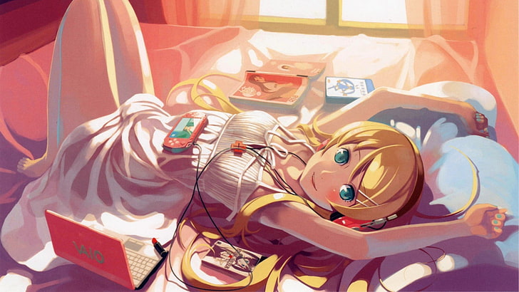 blonde girl in white spaghetti strap dress lying on bed anime wallpaper