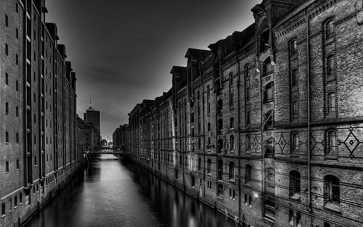 old building, river, bridge, photography, landscape, Hamburg, HD wallpaper