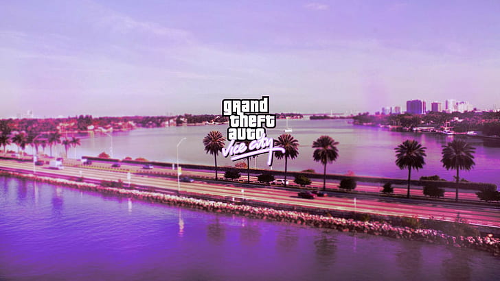 road, pink, Grand Theft Auto Vice City, lake, sea, logo, PC gaming