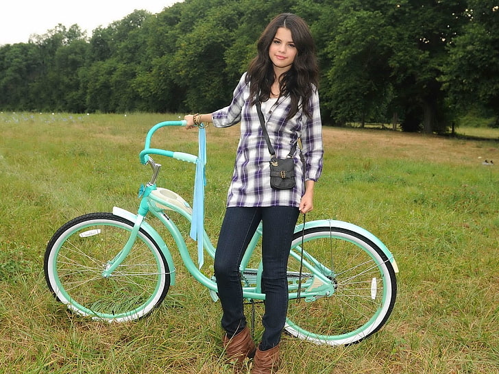 celebrity, Selena Gomez, brunette, bicycle, women, real people, HD wallpaper