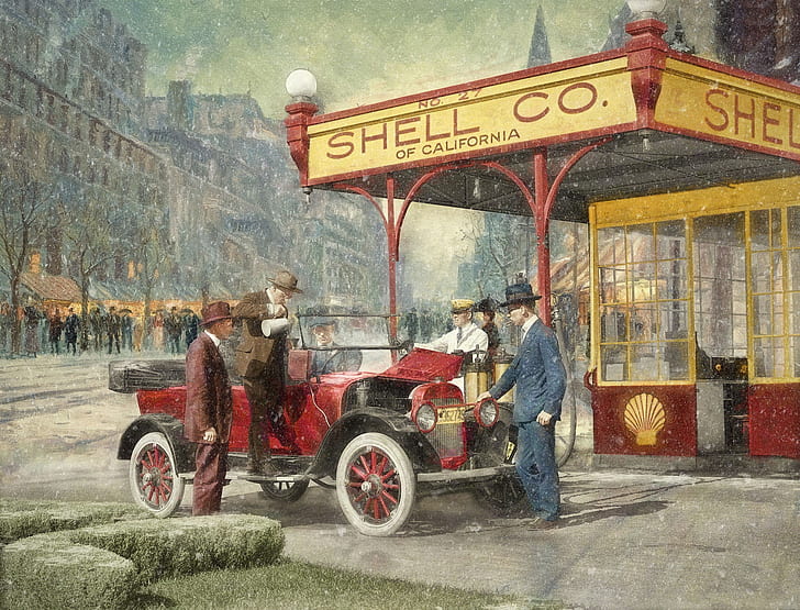 the city, retro, people, car, gas station, 1920, Shell Station, HD wallpaper