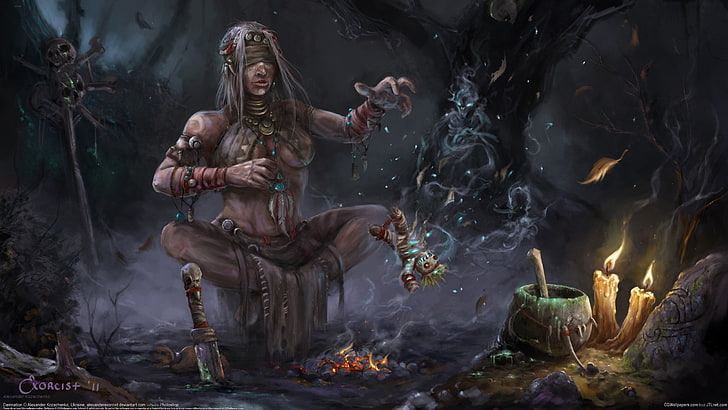 female shaman digital wallpaper, magic, candles, skull, witchcraft, HD wallpaper