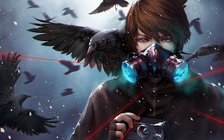 man with black bird illustration, Anime, Original, Blood, Blue Eyes